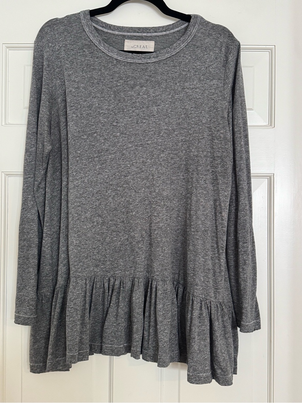 THE GREAT. Heather Gray Long-Sleeve Ruffle Hem Tunic